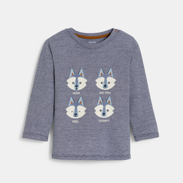 تي شيرت أزرق للأطفال الصغار مطبوع عليه ذئب يعبر عن مشاعره